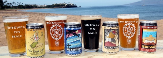 Maui Brewing Cans and Glasses on the Beach - Brewed on Maui