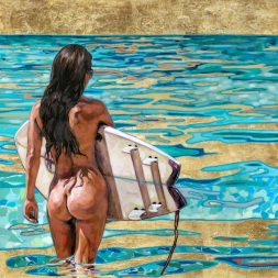 Only in Maui by artist Taryn Alessandro Naked Woman Surfing Beach Ocean