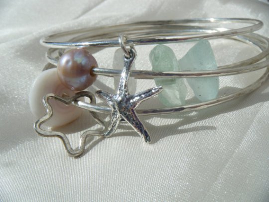 sterling silver starfish bangle made on maui hawaii pearl sea glass puka shell jewelry